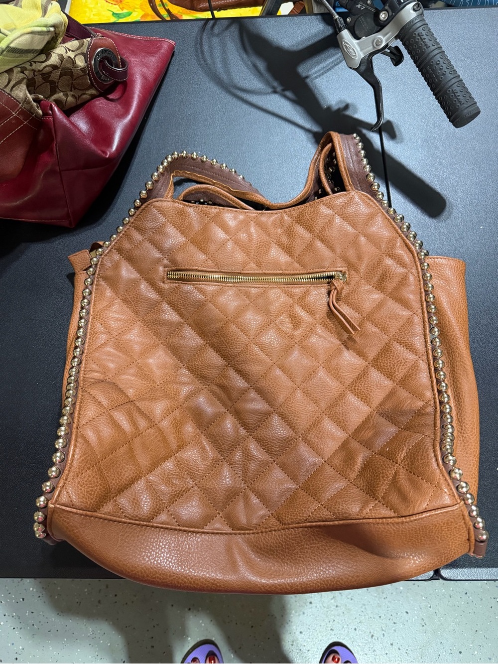 Big Buddha Quilted Tan Brown Tote with Stud Trim
